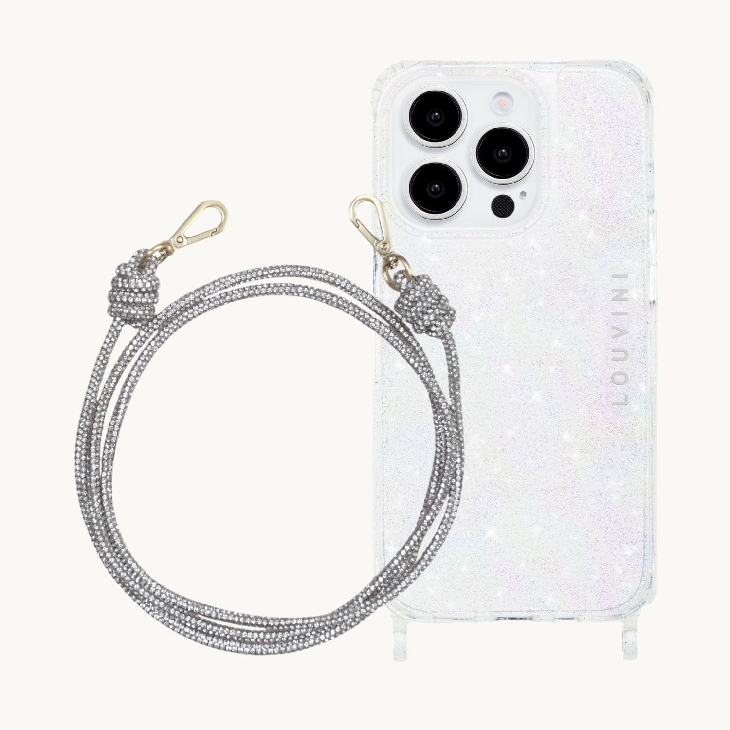 ensemble coque de téléphone transparente à paillettes et chaîne strass argenté