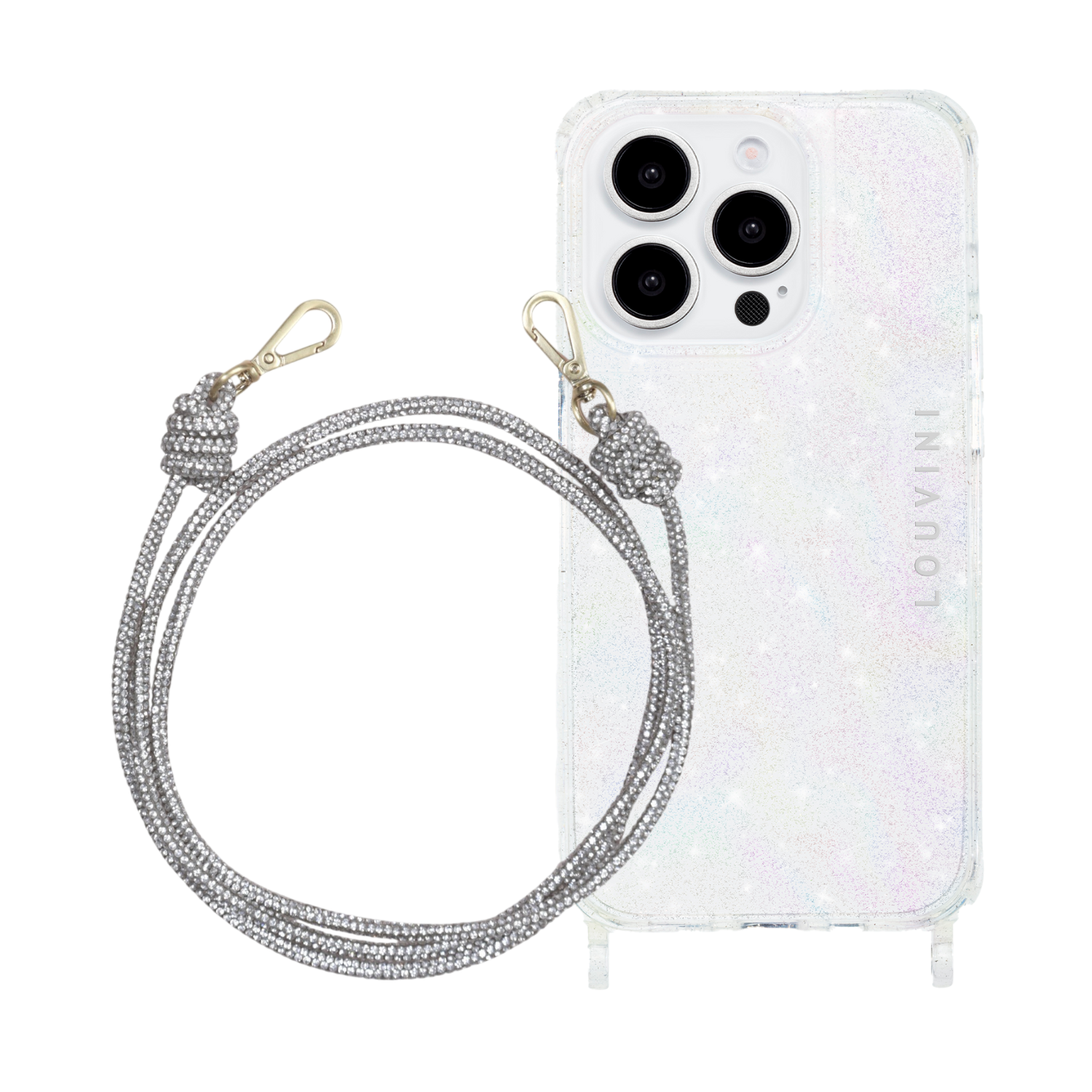 ensemble coque de téléphone transparente à paillettes et chaîne strass argenté