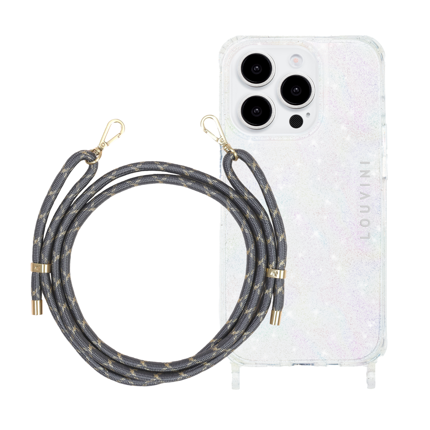 ensemble coque de téléphone transparente à paillettes et cordon gris doré