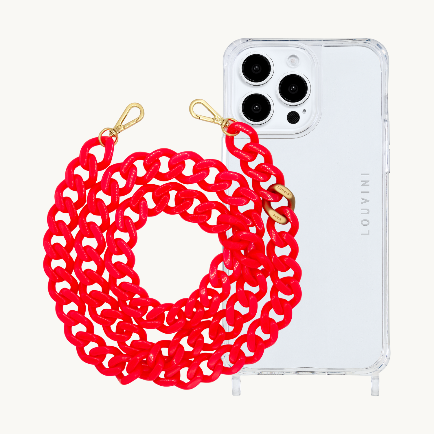 ensemble coque iPhone transparente et chaîne bandoulière rose fluo