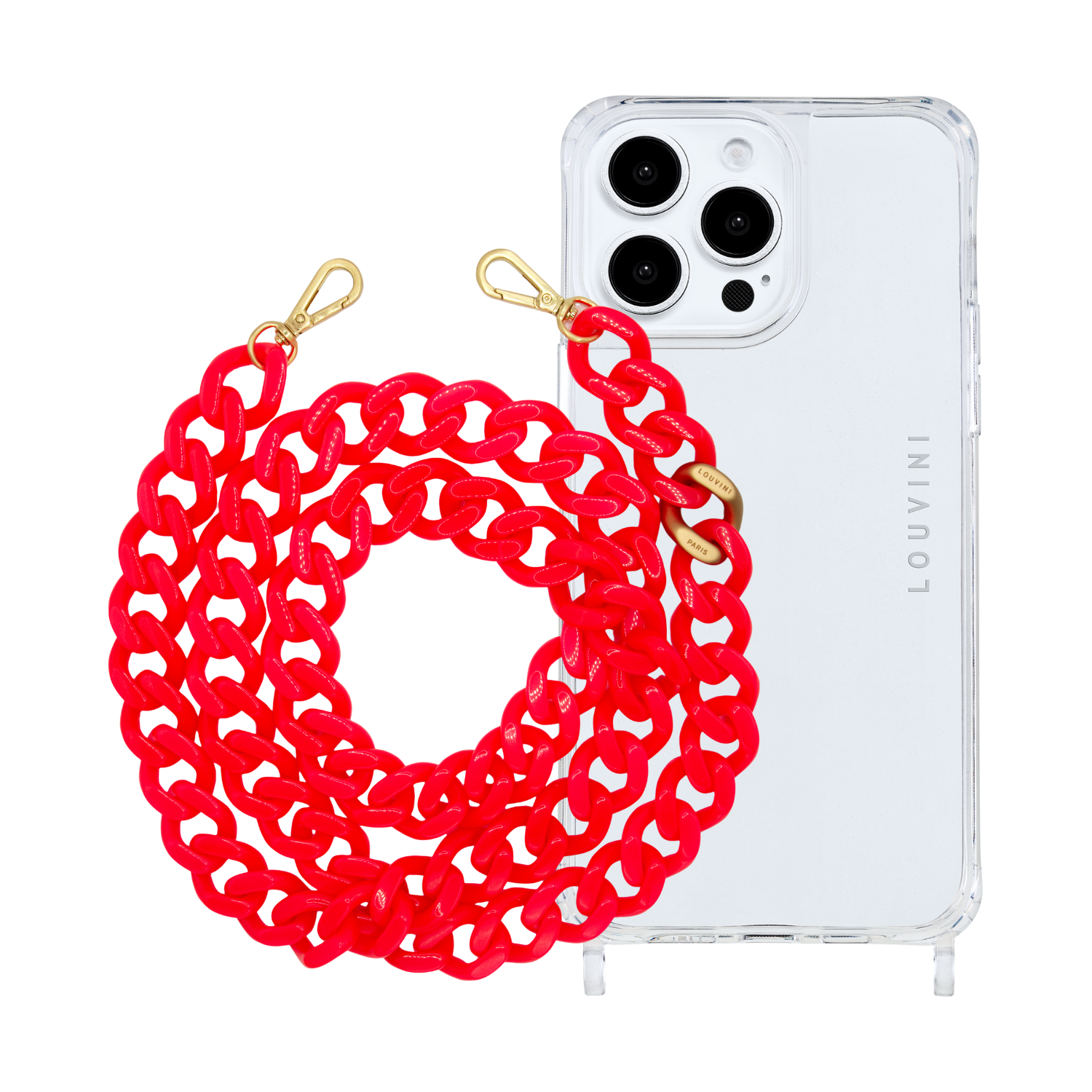 ensemble coque iPhone transparente et chaîne bandoulière rose fluo