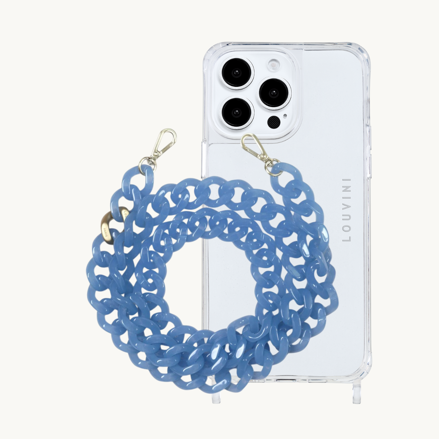 ensemble coque de téléphone transparente et chaîne bleu