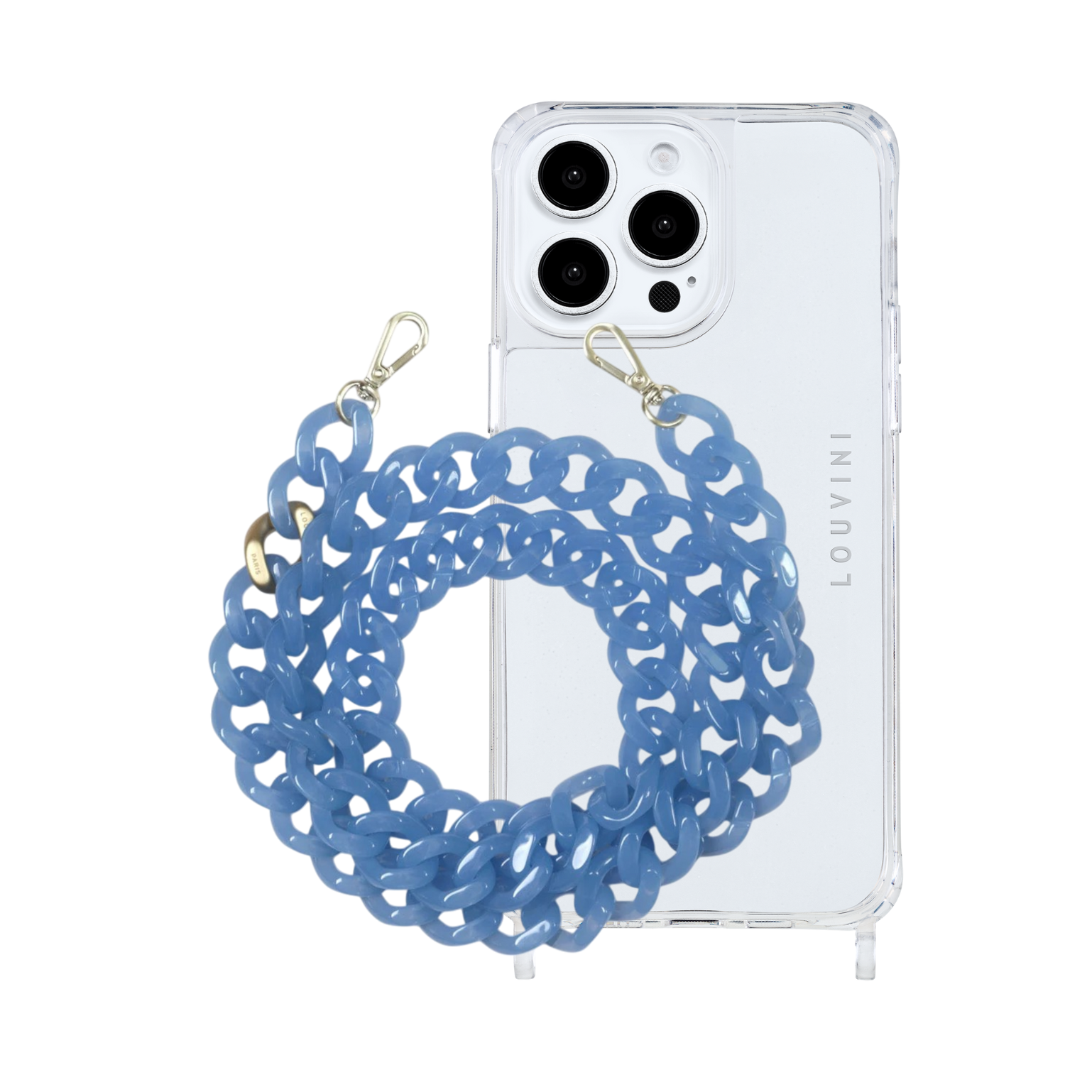ensemble coque de téléphone transparente et chaîne bleu