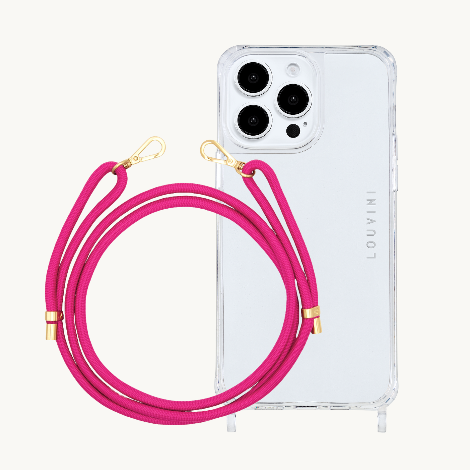 ensemble coque de téléphone transparente et cordon fuchsia
