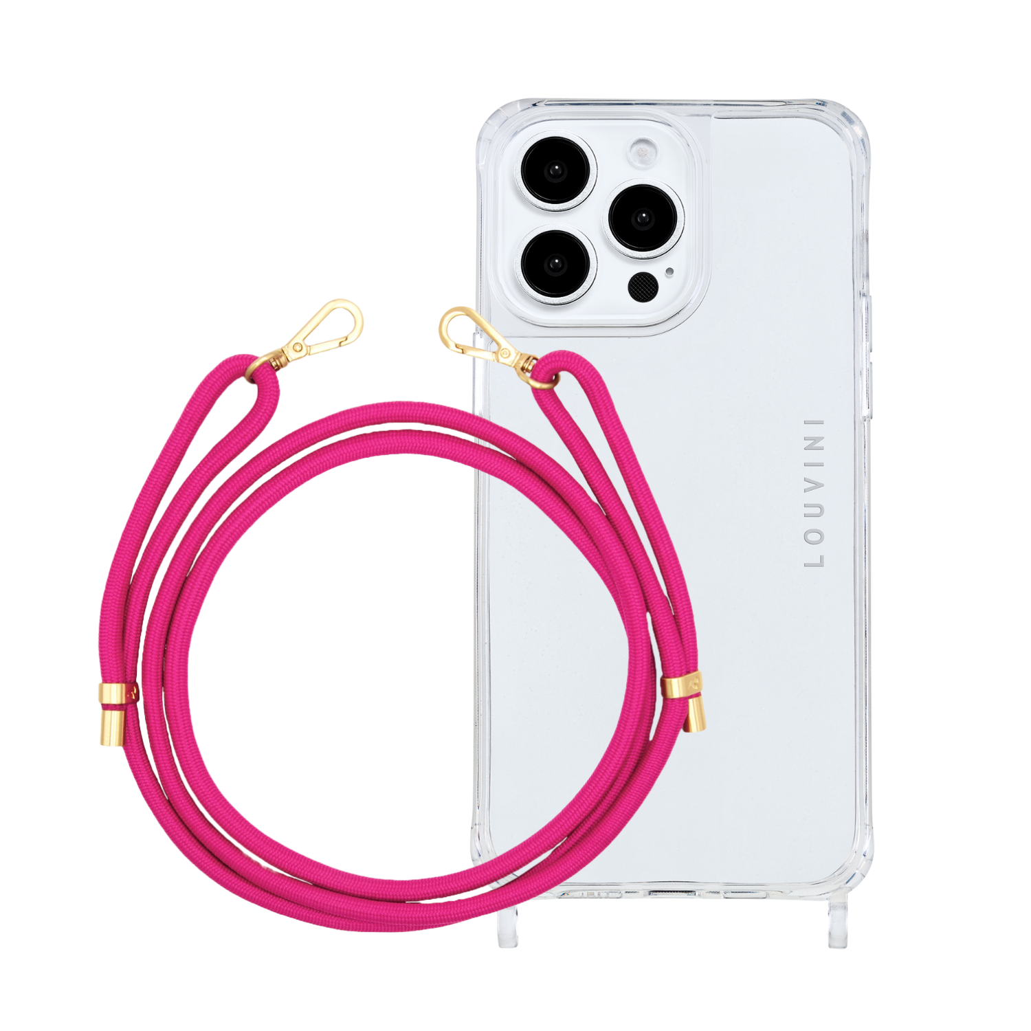 ensemble coque de téléphone transparente et cordon fuchsia