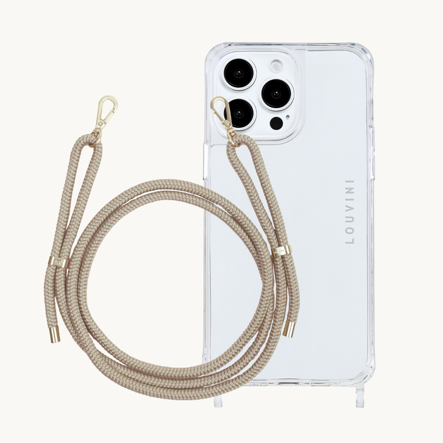ensemble coque de téléphone transparente et cordon sable