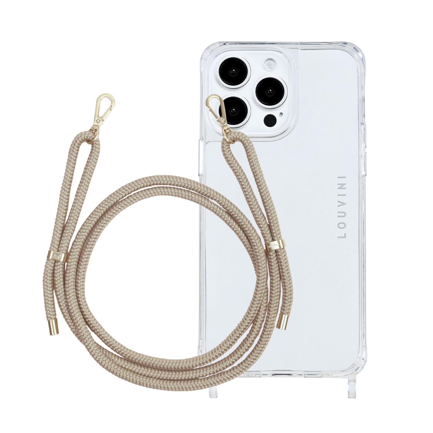 ensemble coque de téléphone transparente et cordon sable