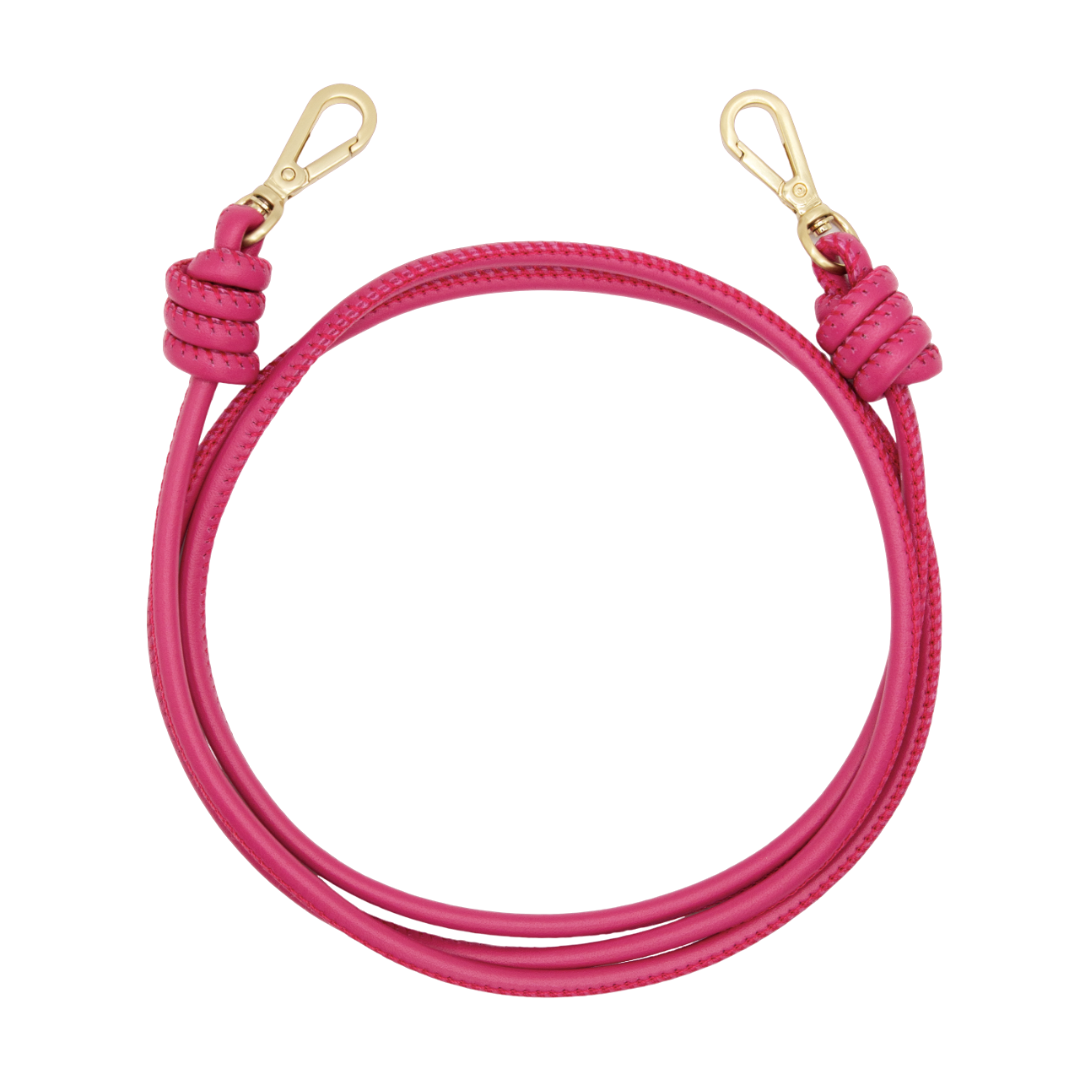 cordon en cuir pour telephone bandouliere rose Fuchsia roulé mousquetons dorés