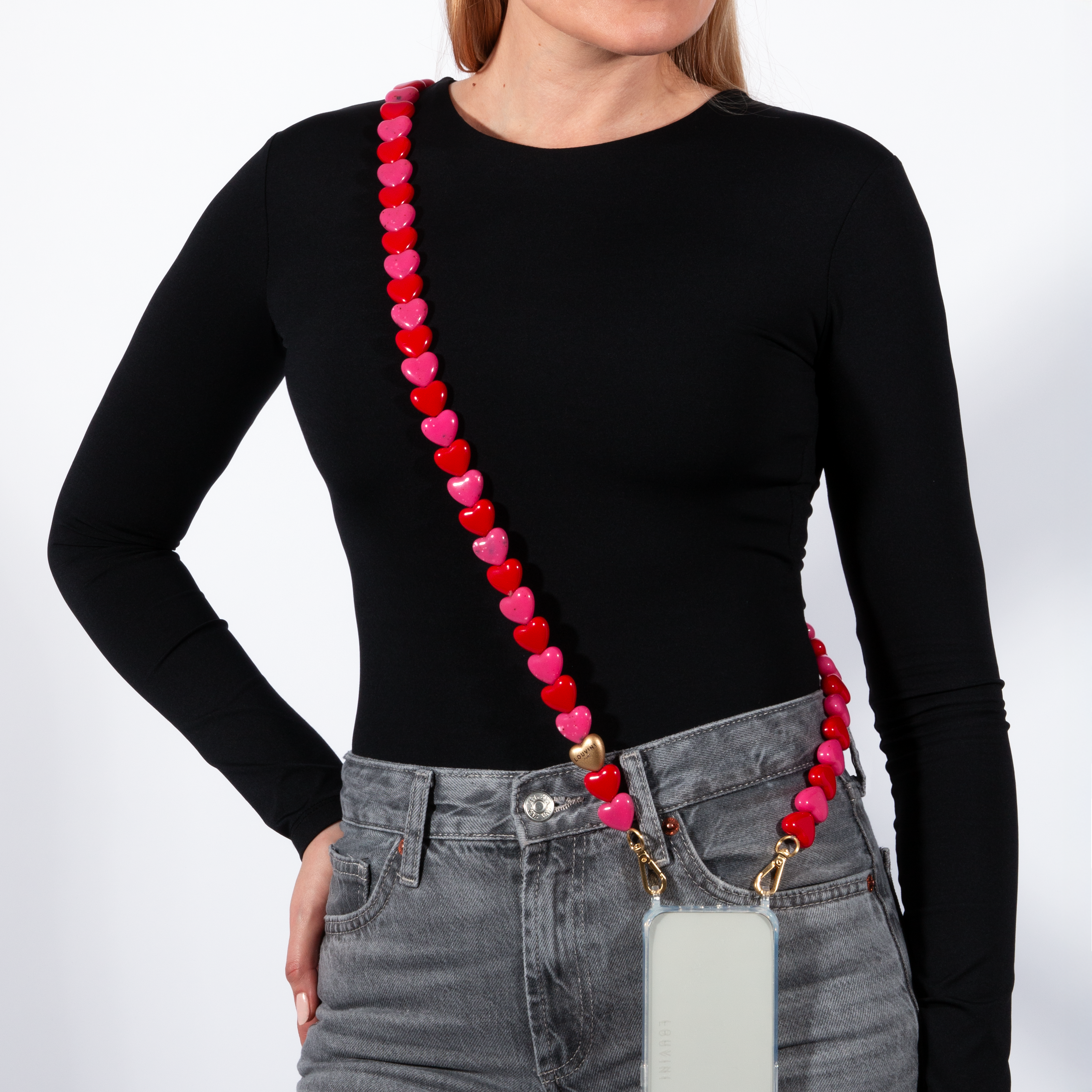 chaîne pour téléphone coeur rouge rose