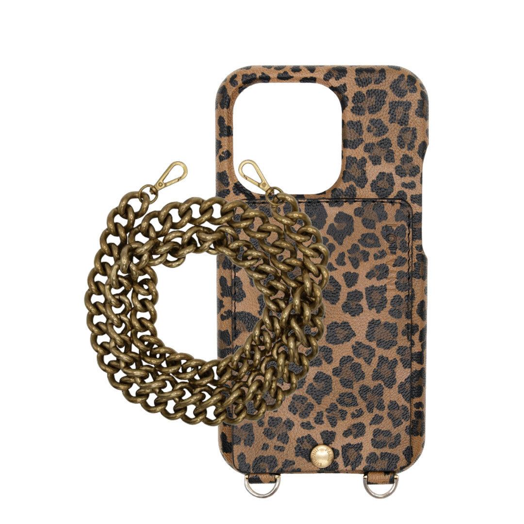 ENSEMBLE COQUE IPHONE LÉOPARD AVEC ANNEAUX ET CHAINE BRONZE