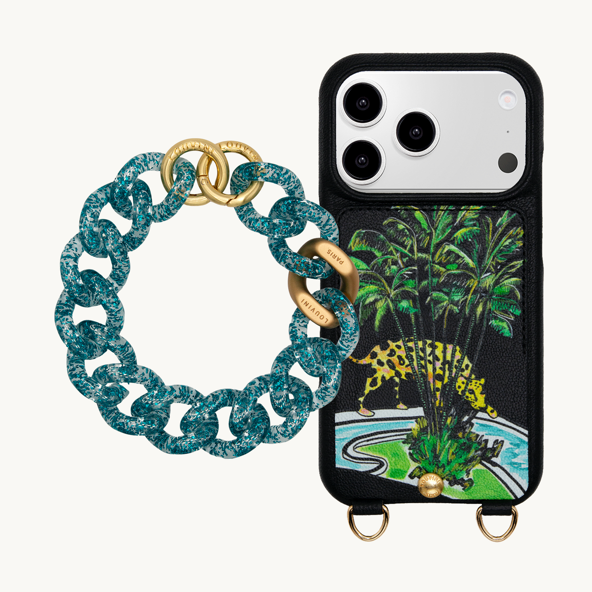 LOU x FILIPE JARDIM Black iPhone Case & Bracelet PETIT ZOE Glitter Blue