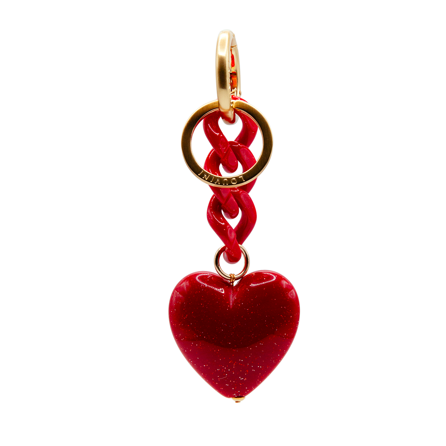 Porte-clés avec mousqueton doré, chaîne en résine rouge et pendentif cœur effet marbre
