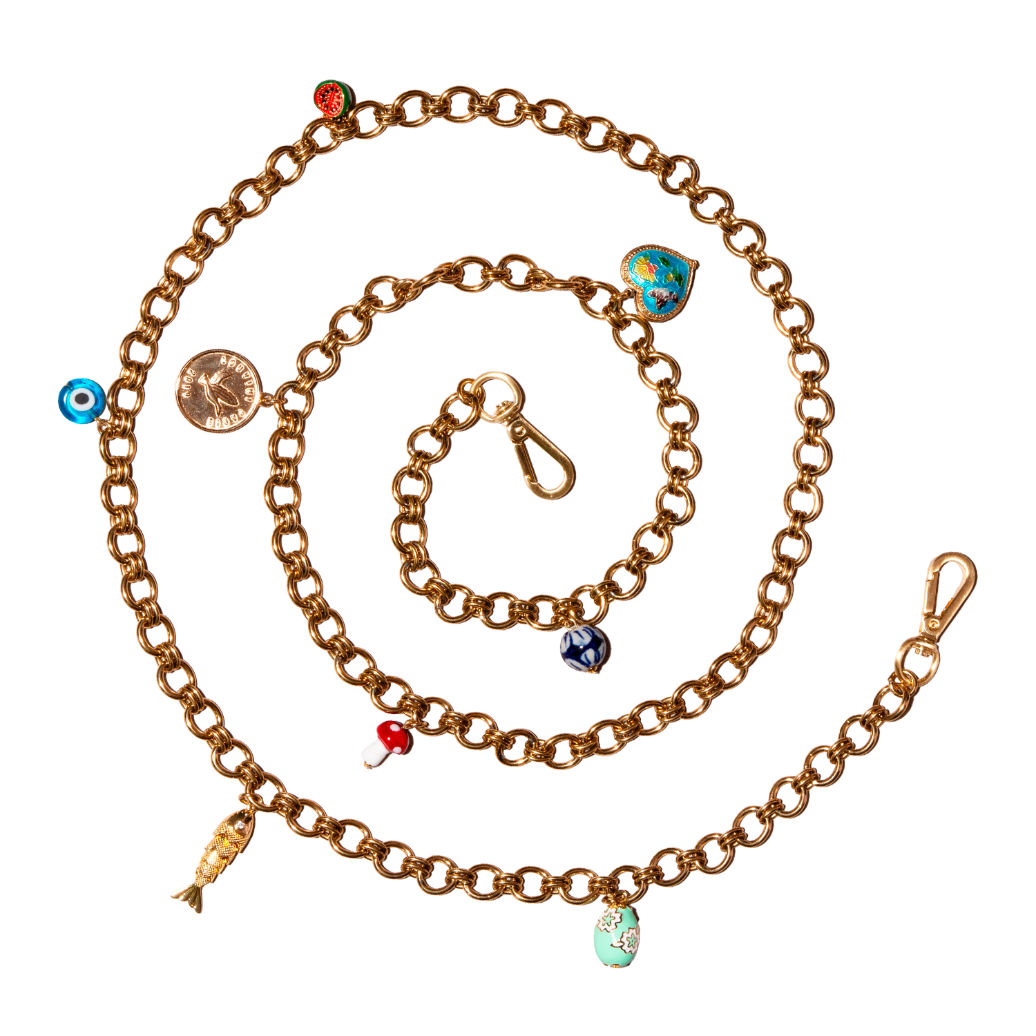 chaîne bandoulière de téléphone en maillons dorés avec charms