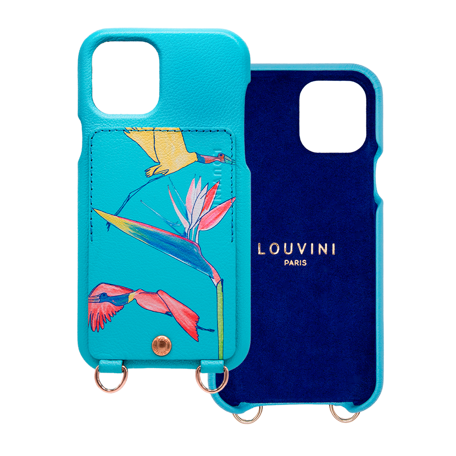 Leather iPhone case with wallet and loops LOU x FILIPE JARDIM - Turquoise