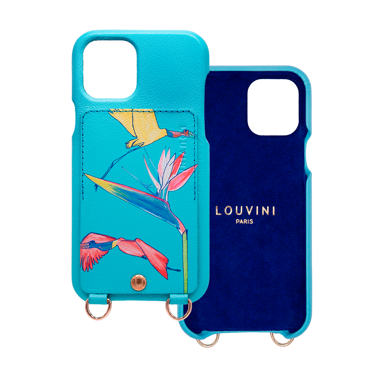 Leather iPhone case with wallet and loops LOU x FILIPE JARDIM - Turquoise
