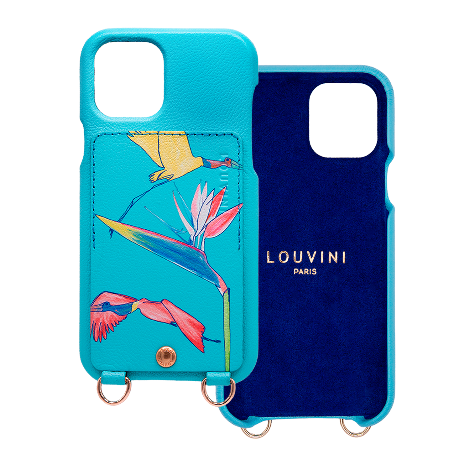 Leather iPhone case with wallet and loops LOU x FILIPE JARDIM - Turquoise