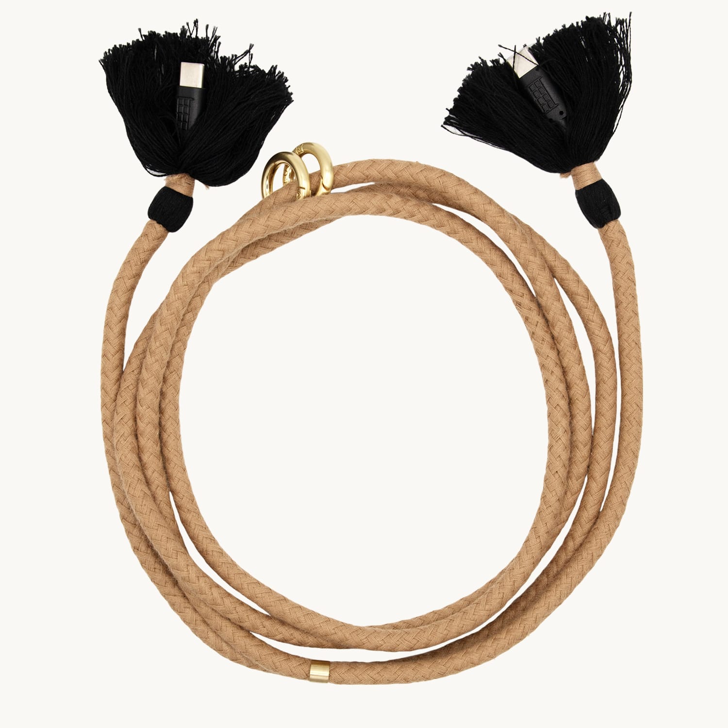 Cordon câble USB-C 2-1 en coton avec deux mousquetons camel