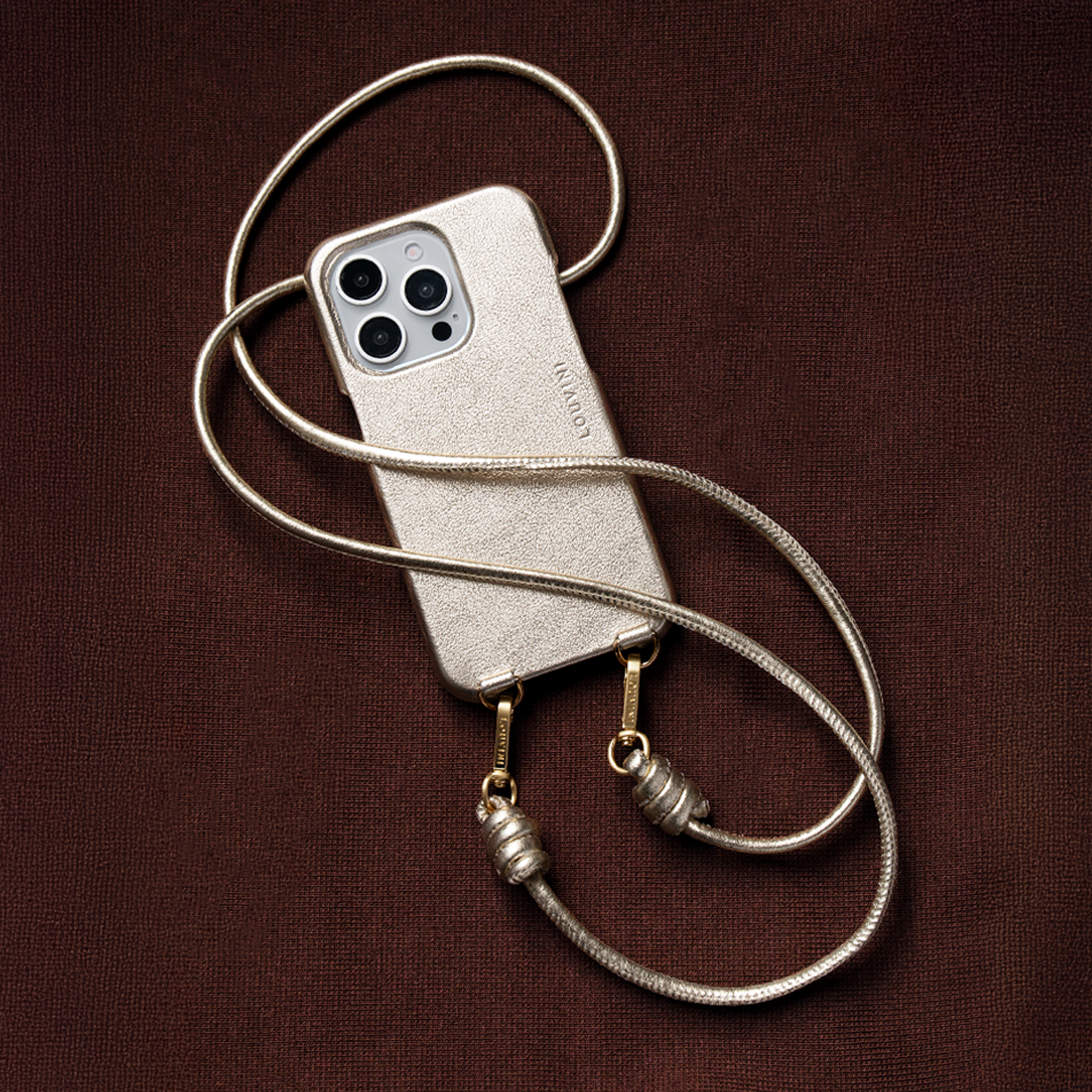 cordon de téléphone bandoulière en cuir doré avec mousquetons dorés