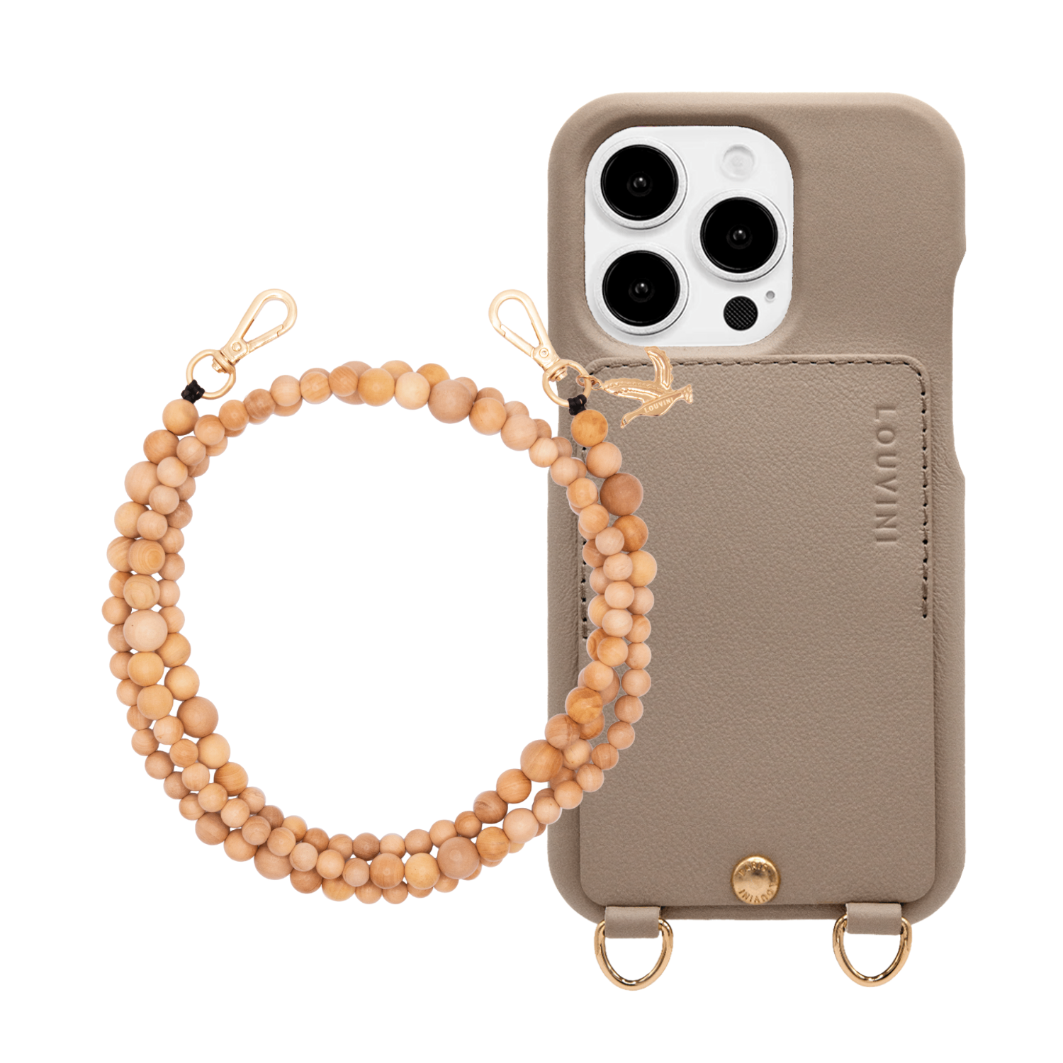ensemble coque en cuir avec porte carte taupe et cordon bandoulière en perles de bois