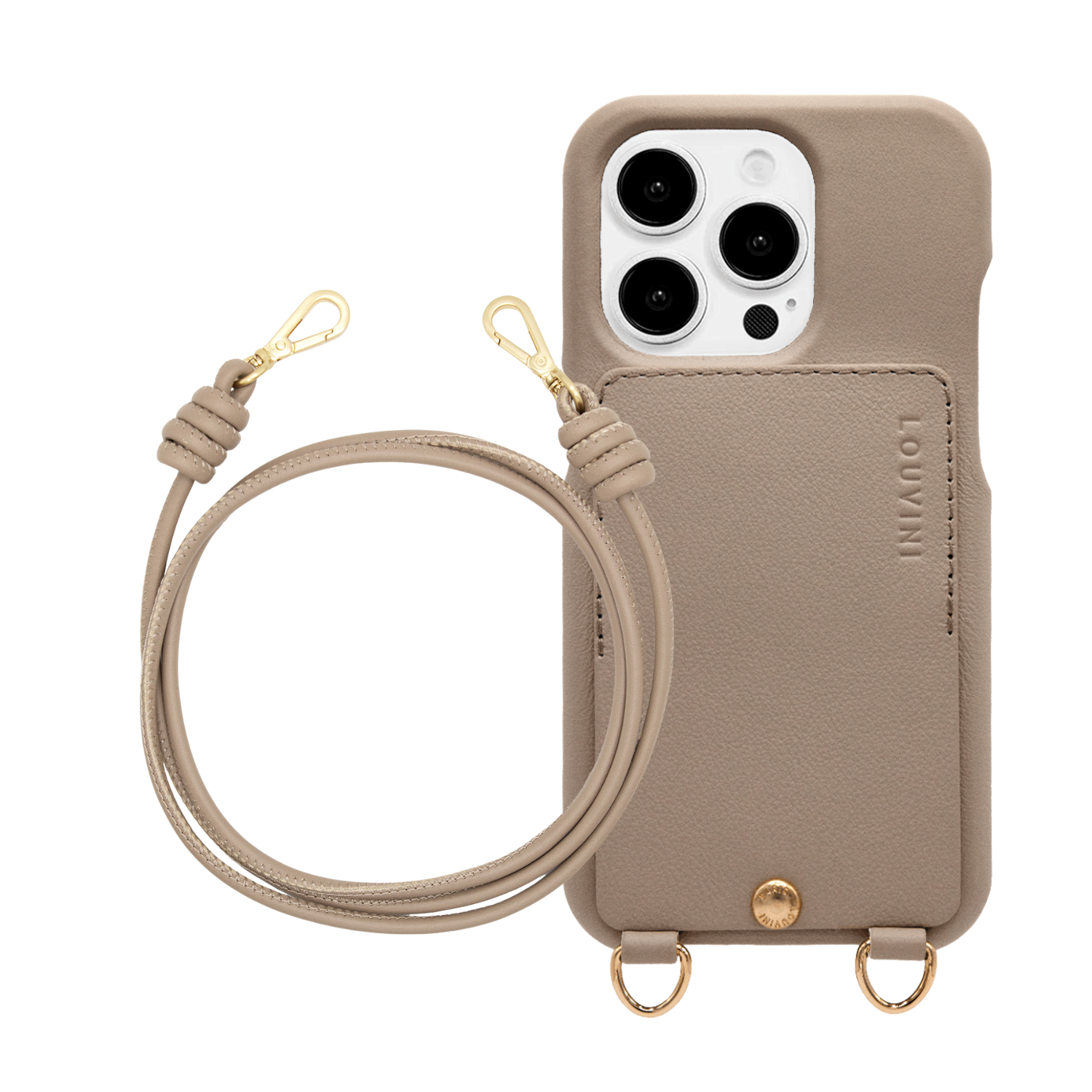 ensemble coque en cuir avec porte carte taupe et cordon bandoulière en cuir