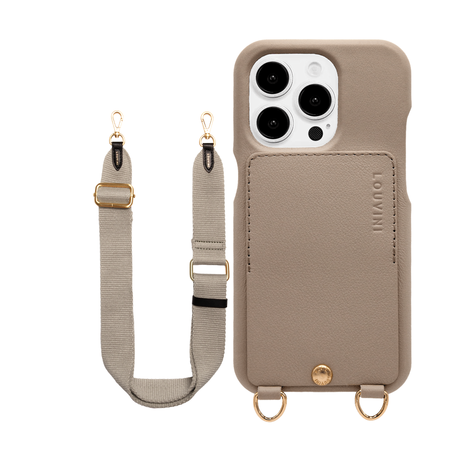 ensemble coque en cuir avec porte carte taupe et sangle à mousquetons bandoulière