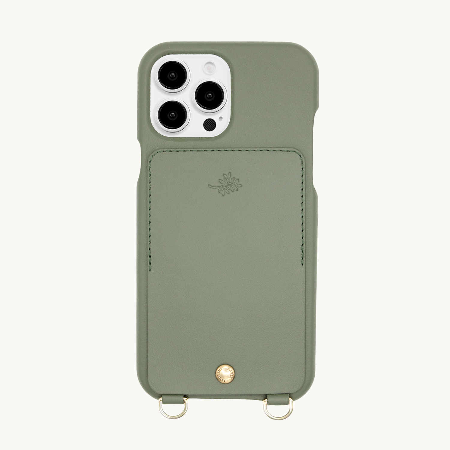 Coque iPhone avec étui en cuir kaki anneaux dorés