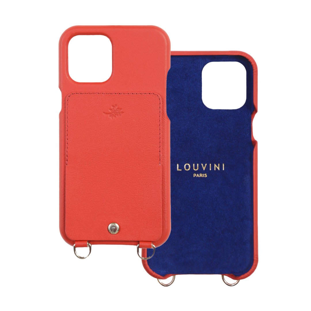 COQUE IPHONE CUIR PORTE CARTE AVEC ANNEAUX LOU ORANGE DOUBLE