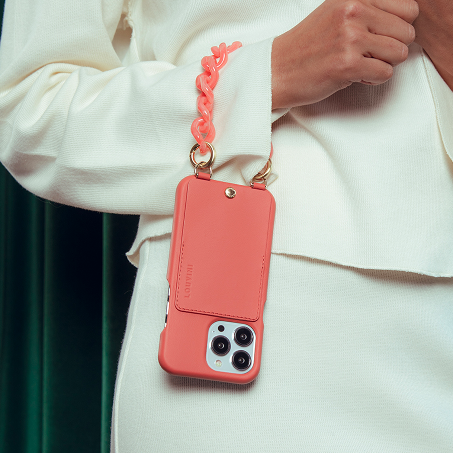 COQUE DE TÉLÉPHONE PORTABLE IPHONE EN CUIR AVEC ANNEAUX ET PORTE CARTE EN BLUSH