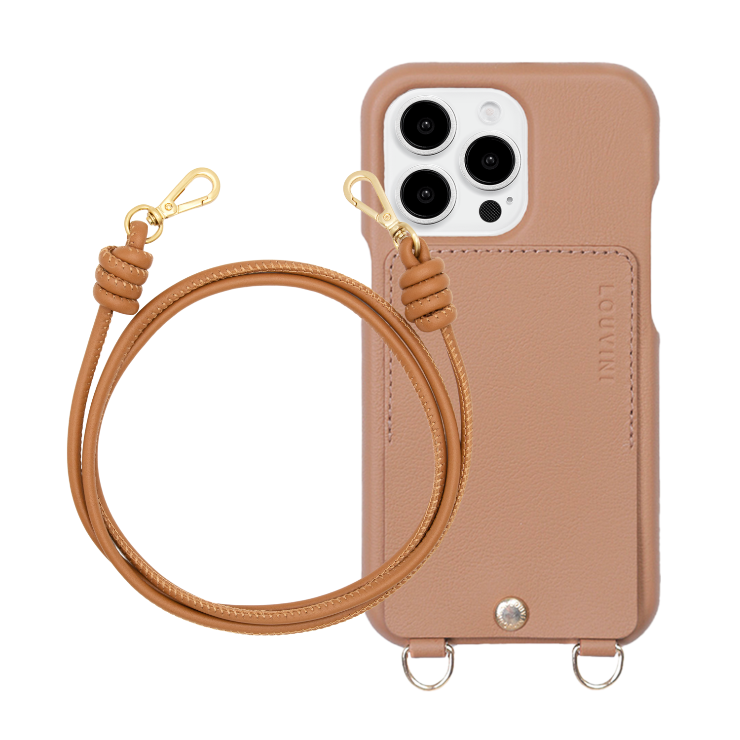 ensemble coque de téléphone avec étui en cuir camel et cordon en cuir camel
