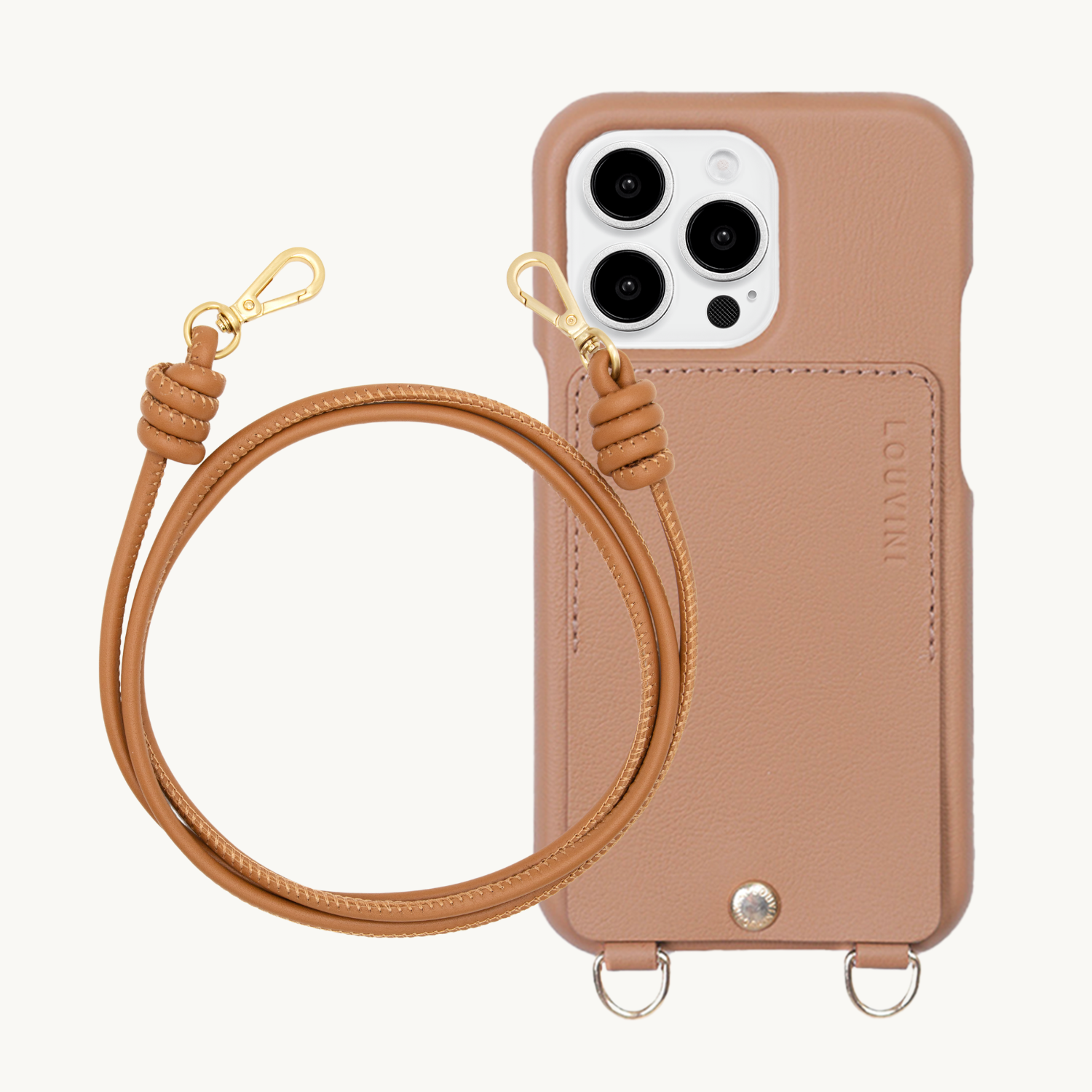 ensemble coque de téléphone avec étui en cuir camel et cordon en cuir camel