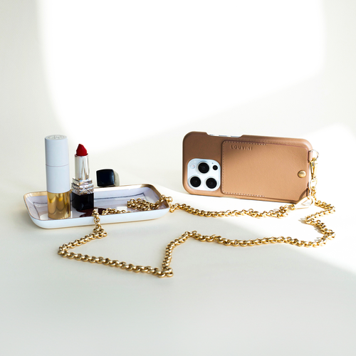 ensemble coque de téléphone en cuir avec pochette et chaîne doré