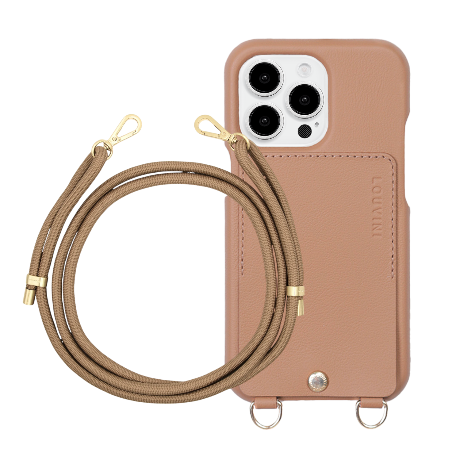 ensemble coque de téléphone avec étui en cuir camel et cordon camel