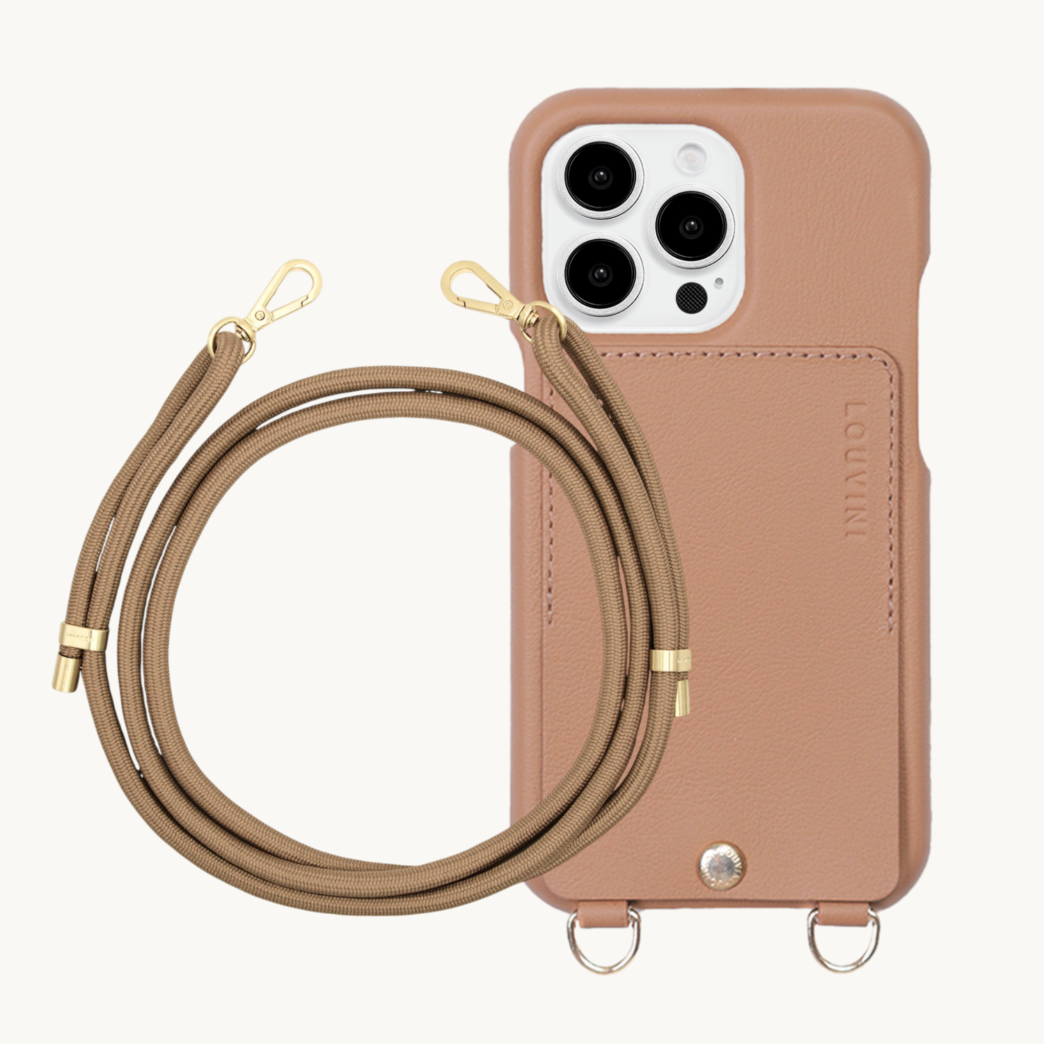 ensemble coque de téléphone avec étui en cuir camel et cordon camel
