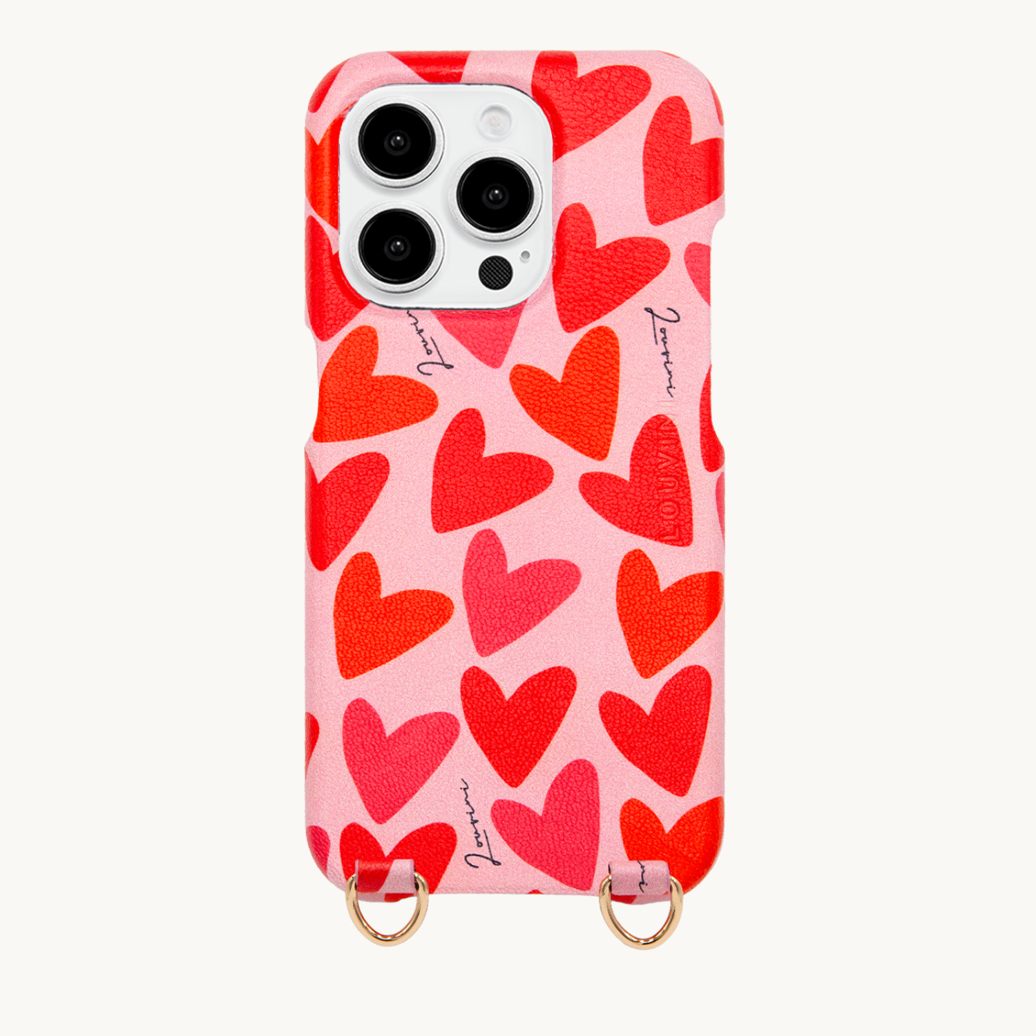 Coque pour téléphone en cuir rose-rouge avec cœur et anneaux dorés