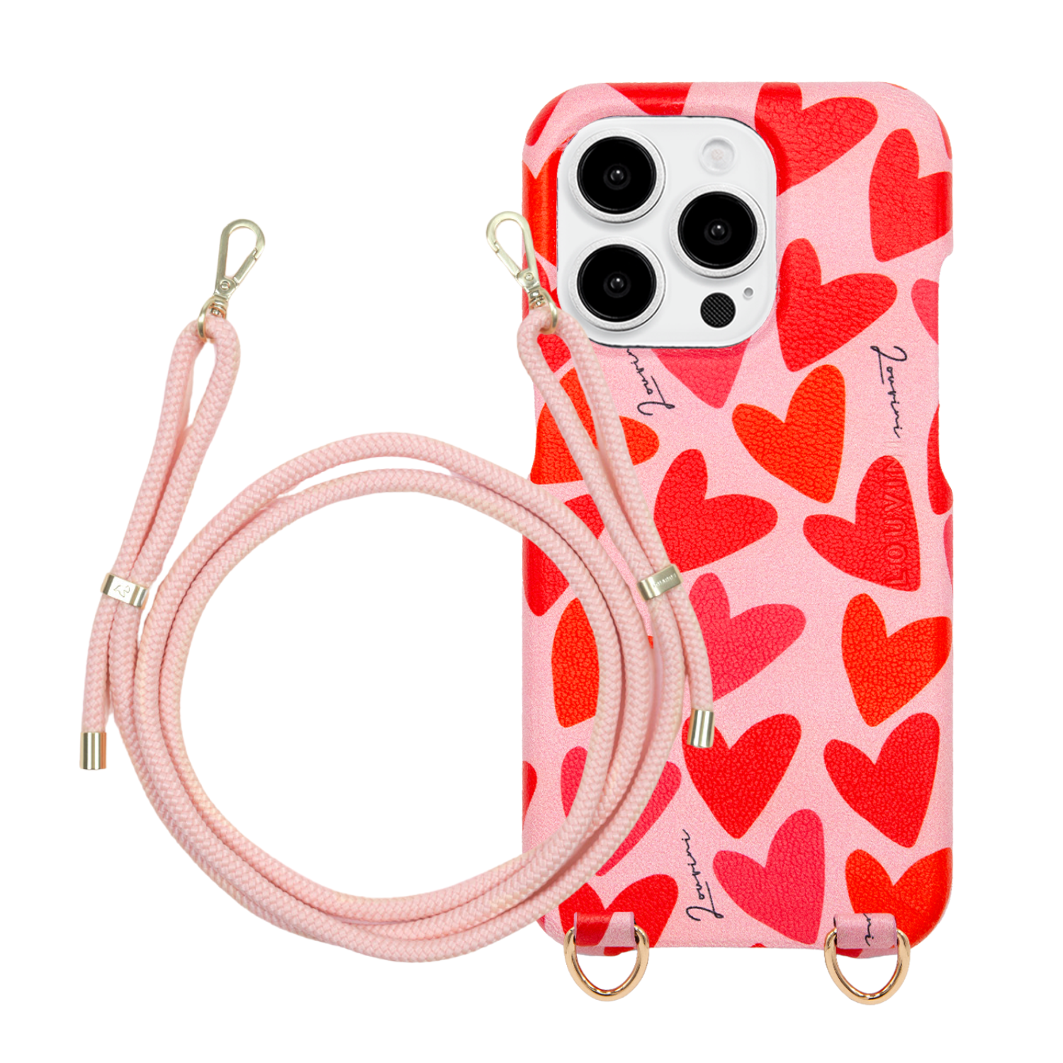 Ensemble coque pour téléphone en cuir rose rouge avec cordon rose poudre