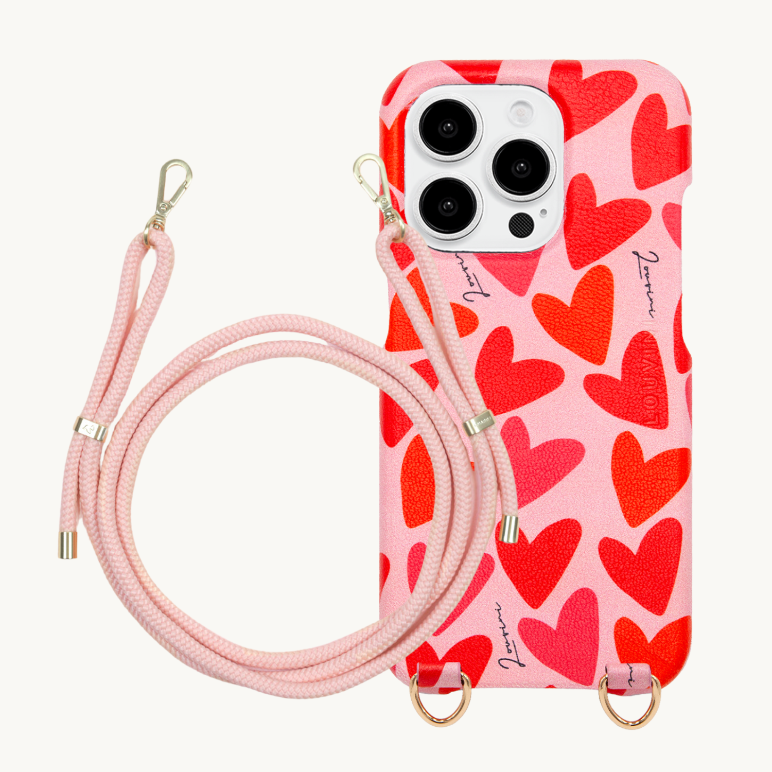 Ensemble coque pour téléphone en cuir rose rouge avec cordon rose poudre