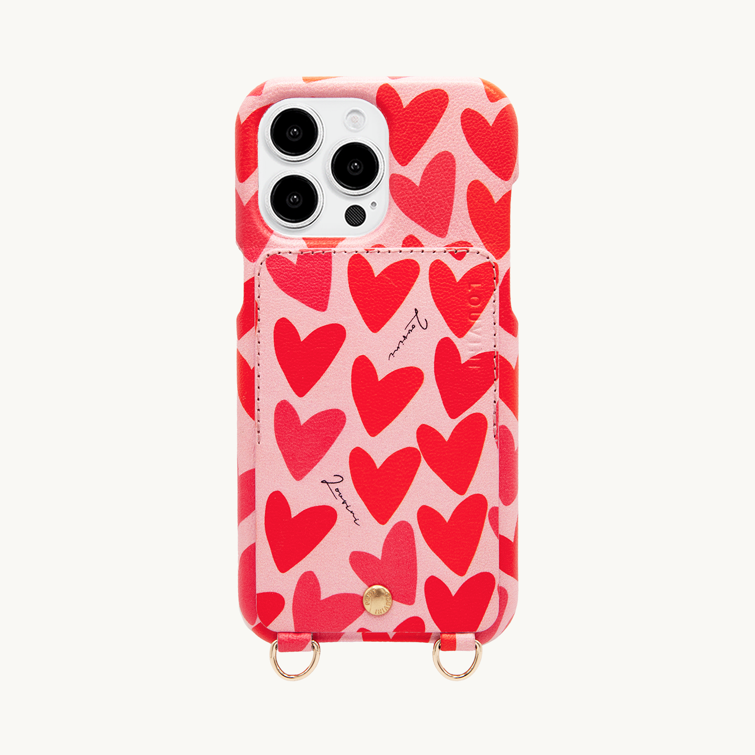 Coque iPhone avec étui en cuir imprimé coeurs avec anneaux dorés