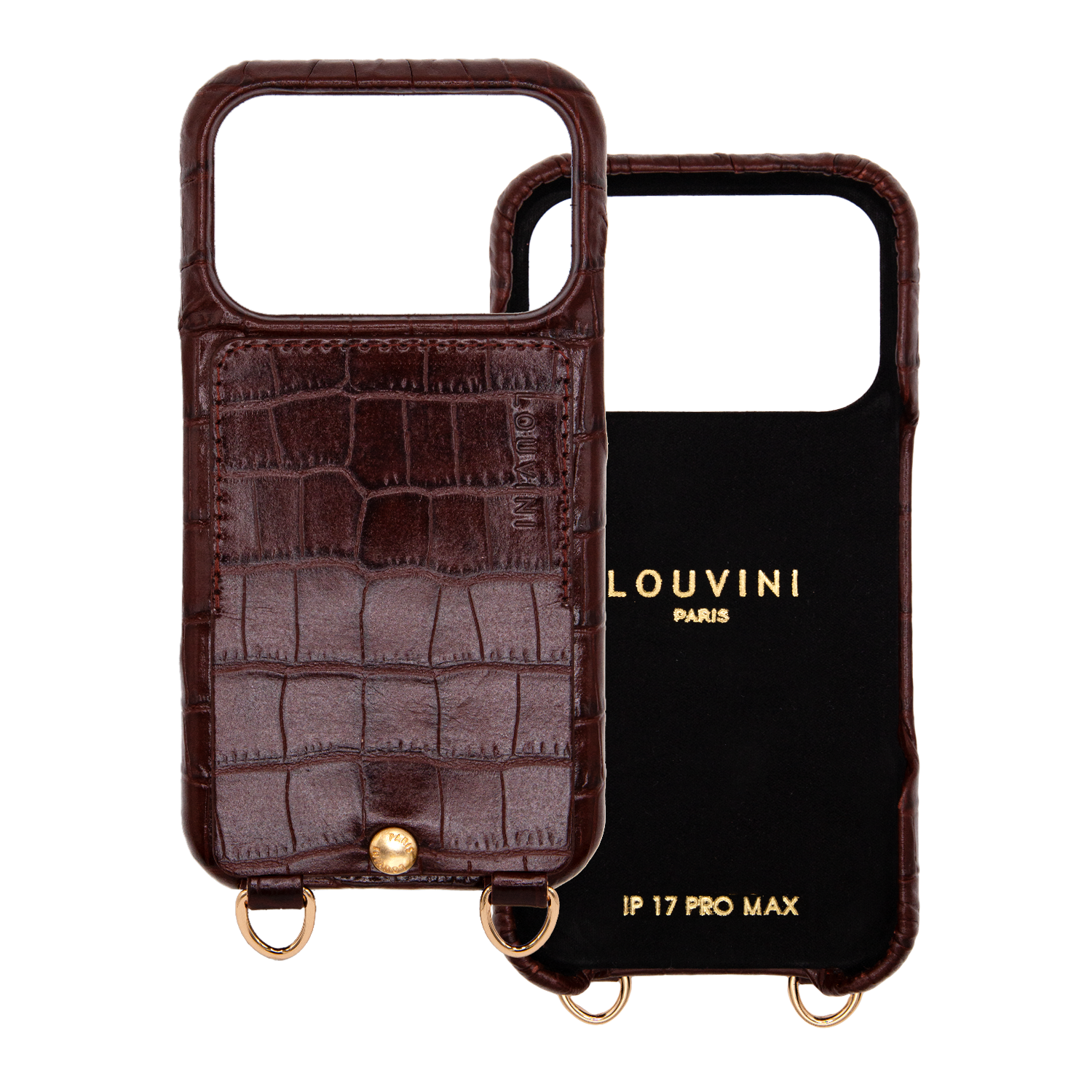 Coque pour iPhone en cuir crocodile marron chocolat avec anneaux et porte carte iPhone 17 Pro Max