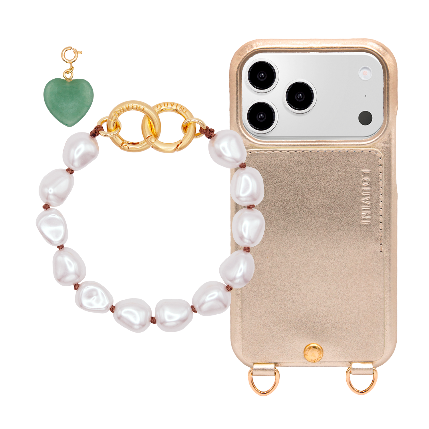 LOU Gold iPhone Case & PETIT MINDY NAKED bracelet & LUCKY CHARMS Green heart