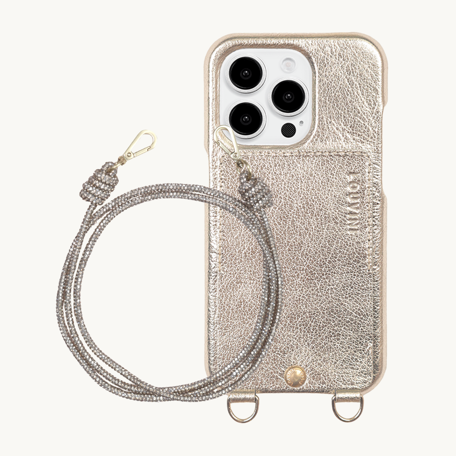 ensemble coque de téléphone en cuir doré et cordon paillette argenté
