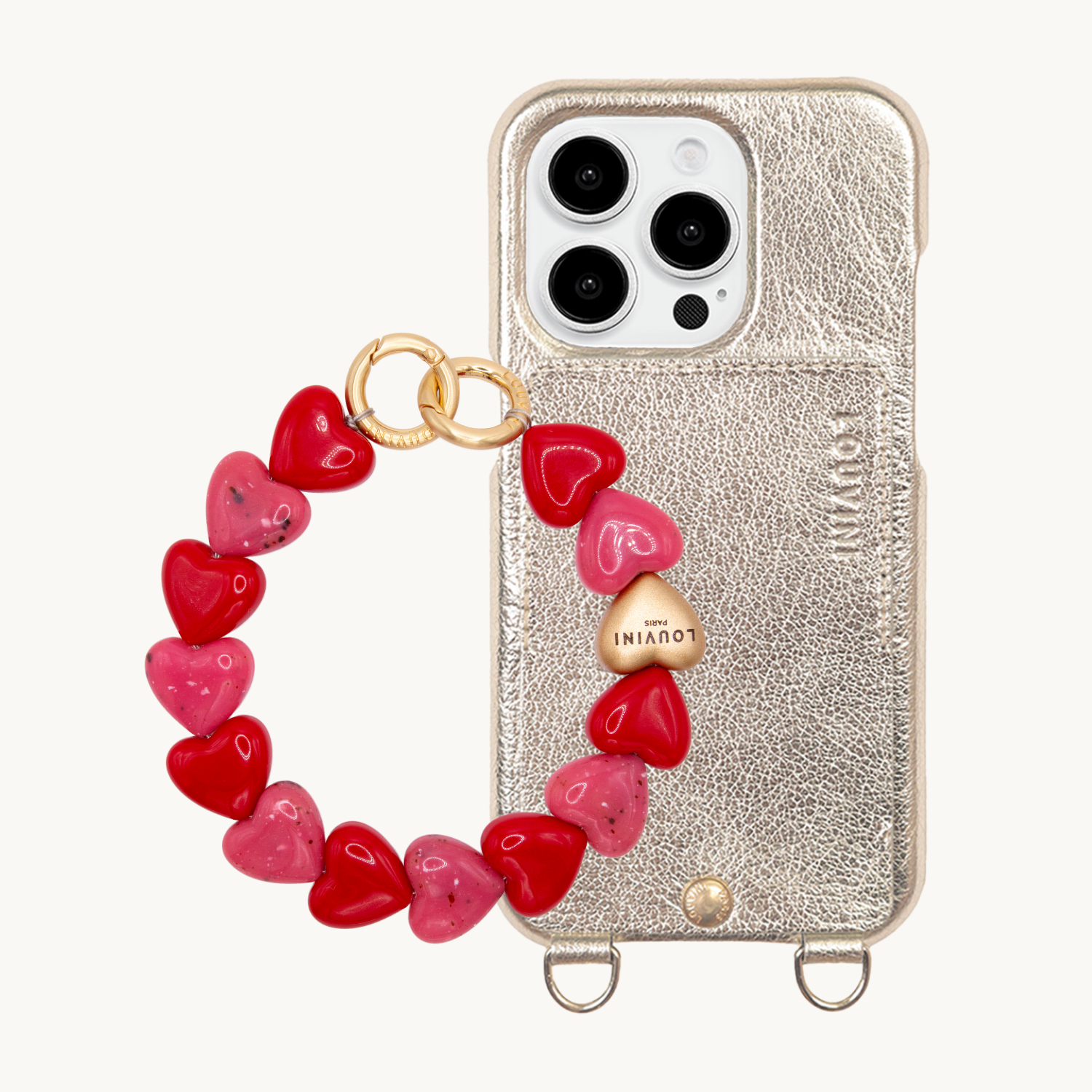 ensemble coque de téléphone avec étui en cuir doré et bracelet rose rouge