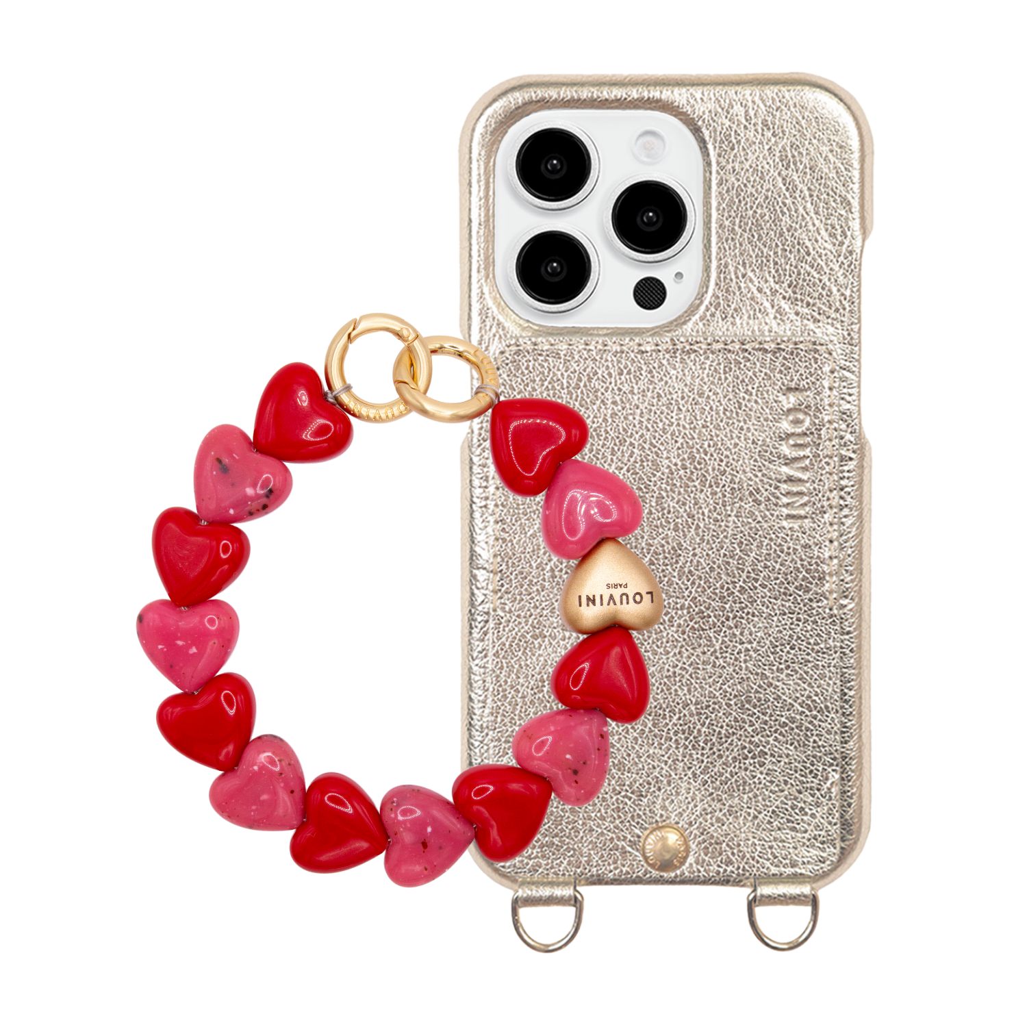 ensemble coque de téléphone avec étui en cuir doré et bracelet rose rouge