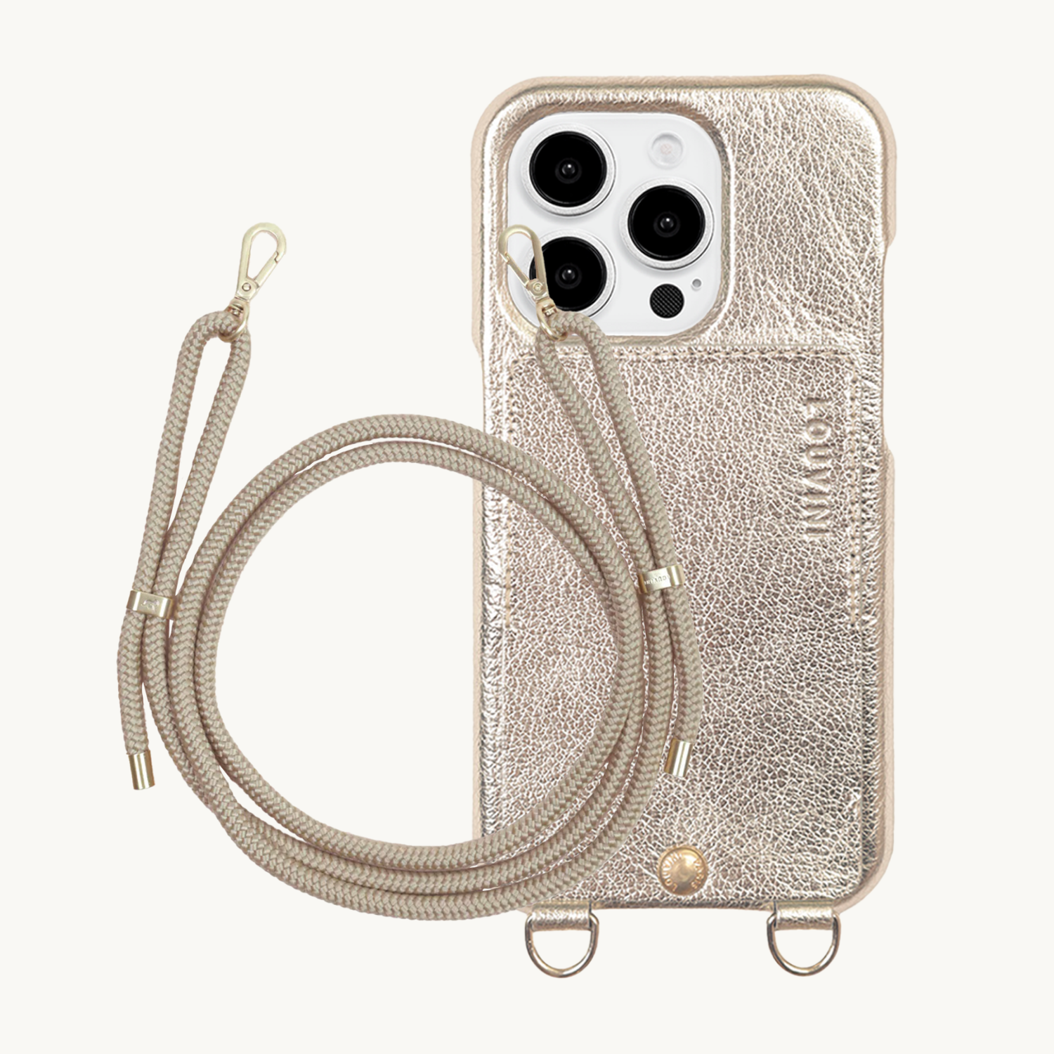 ensemble coque de téléphone avec étui en cuir doré argenté et cordon sable