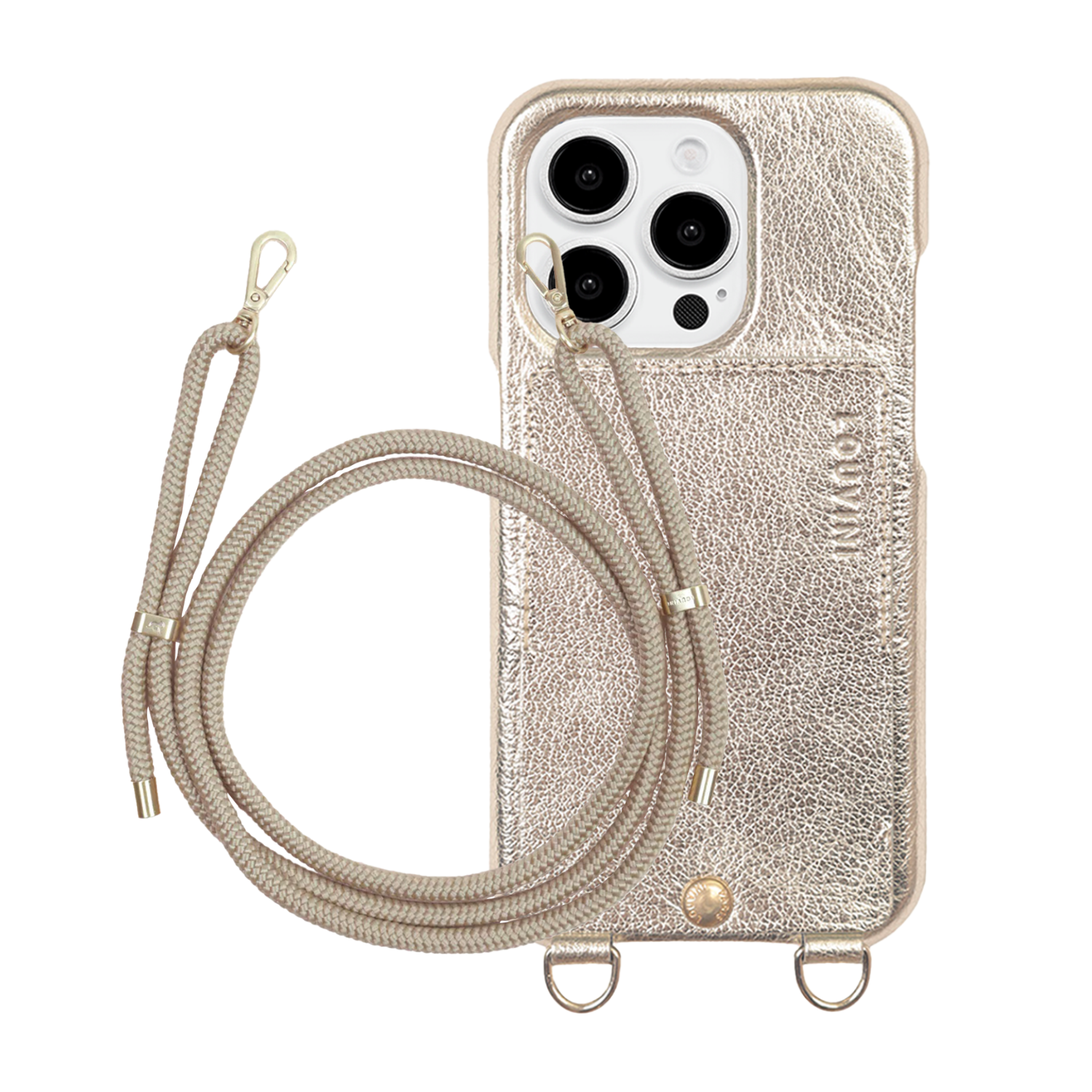 ensemble coque de téléphone avec étui en cuir doré argenté et cordon sable