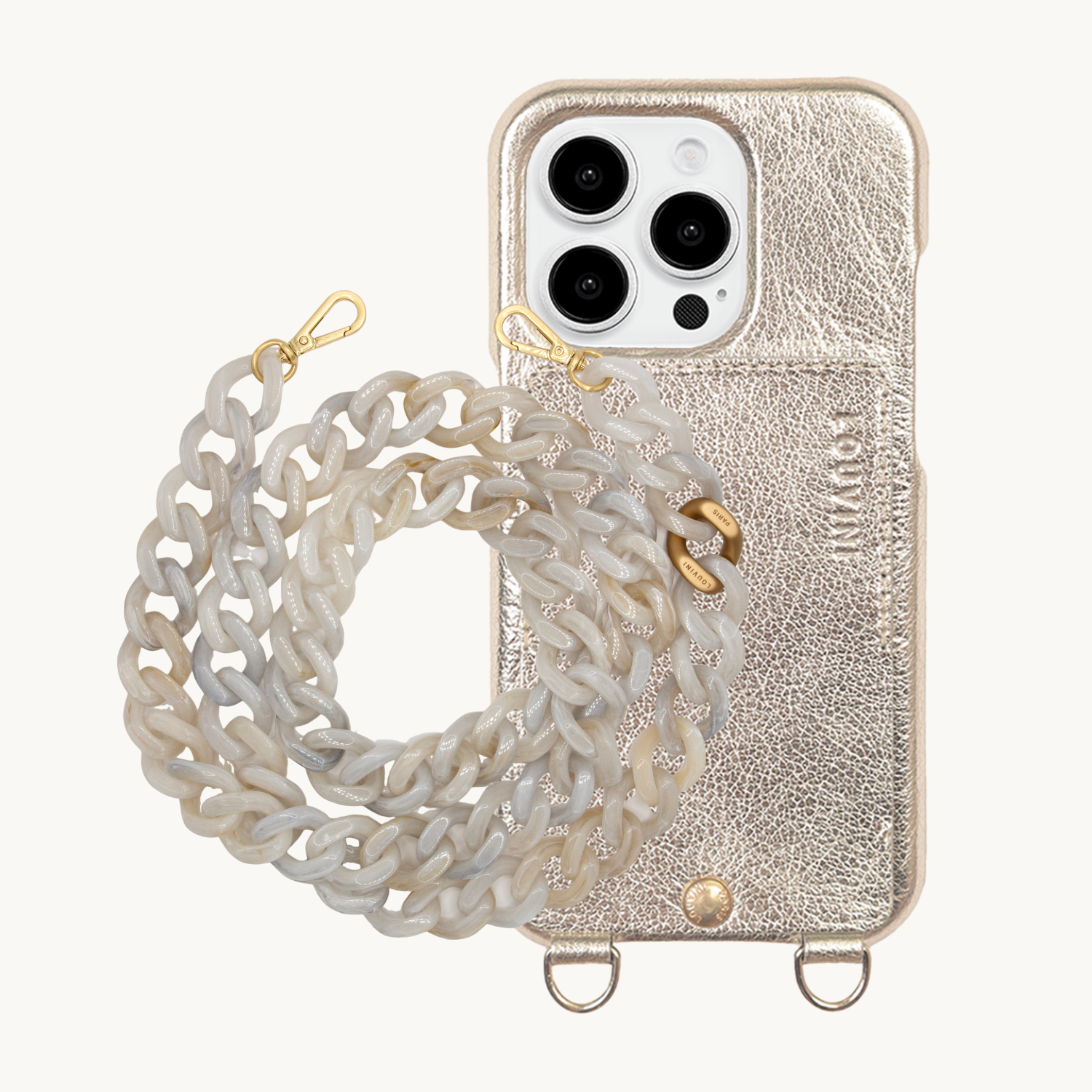 ensemble coque de téléphone en cuir doré et chaîne blanc marbre