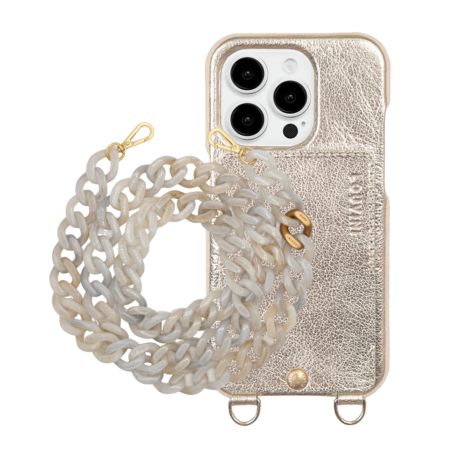 ensemble coque de téléphone en cuir doré et chaîne blanc marbre