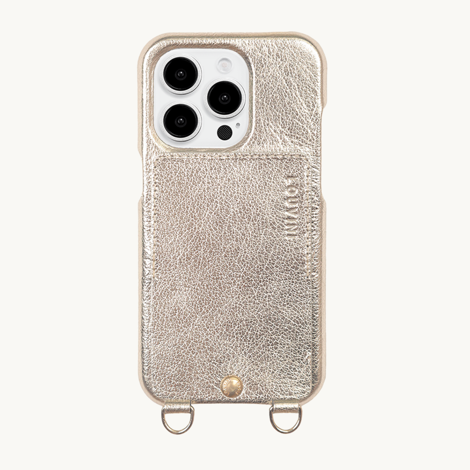 coque de téléphone en cuir doré argenté et anneaux dorés