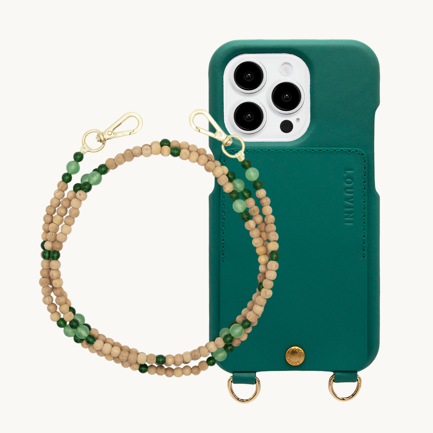 ensemble coque de téléphone avec étui en cuir émeraude et chaîne perle verte
