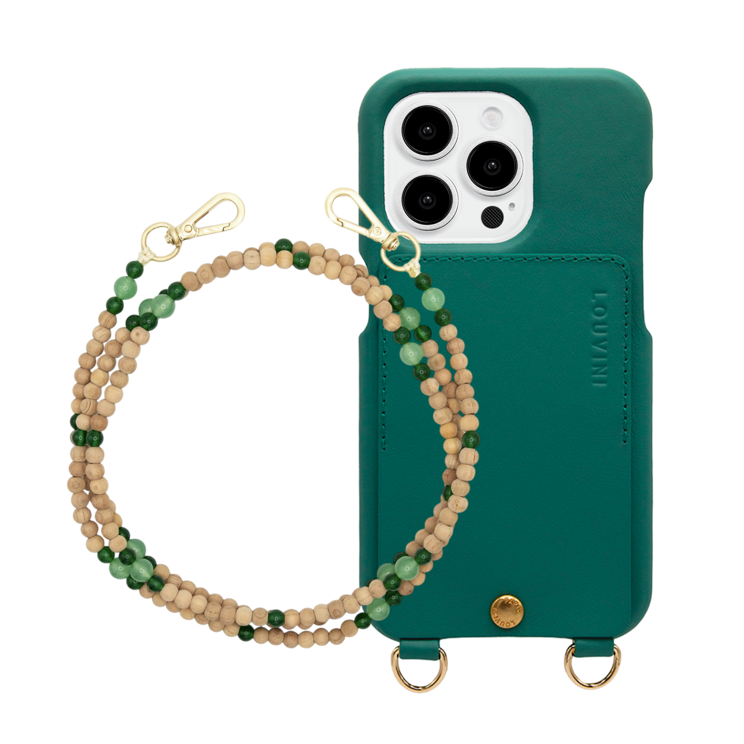 ensemble coque de téléphone avec étui en cuir émeraude et chaîne perle verte