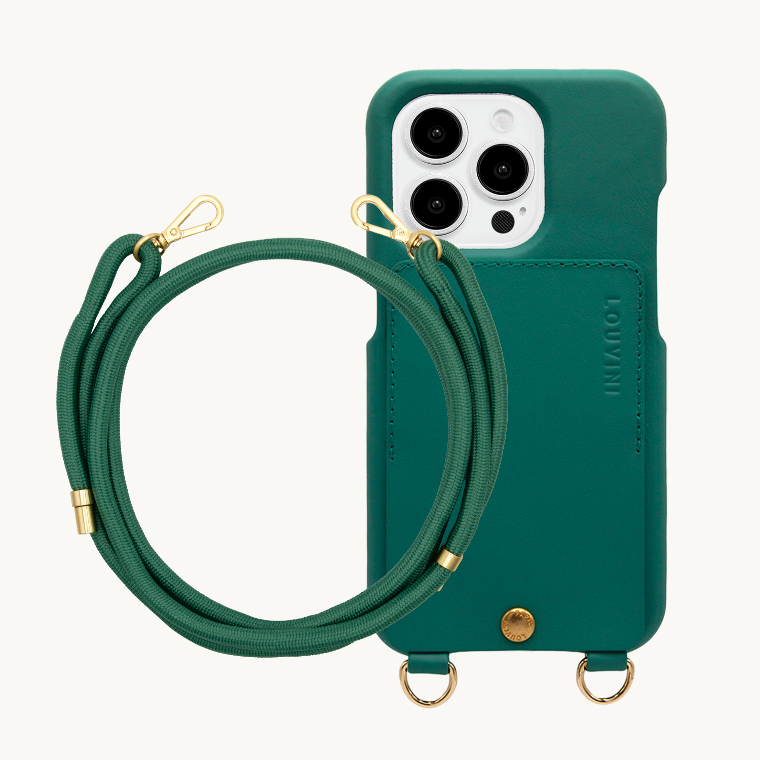 ensemble coque de téléphone avec étui en cuir émeraude et cordon émeraude